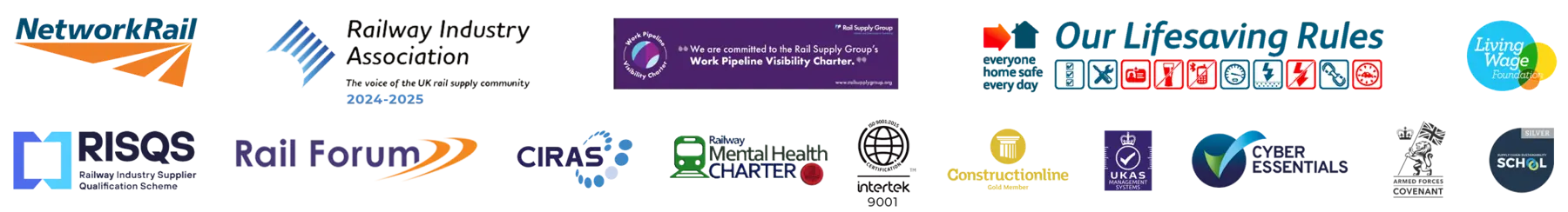 Accreditations: Network Rail, Railway Industry Association, Rail Supply Group Work Pipeline Visibility Charter, Lifesaving Rules, Living Wage Foundation, RISQS, Rail Forum, CIRAS, Railway Mental Health Charter, ISO 9001 Intertek, Constructionline Gold, UKAS, Cyber Essentials, Armed Forces Covenant, Supply Chain Sustainability School Silver